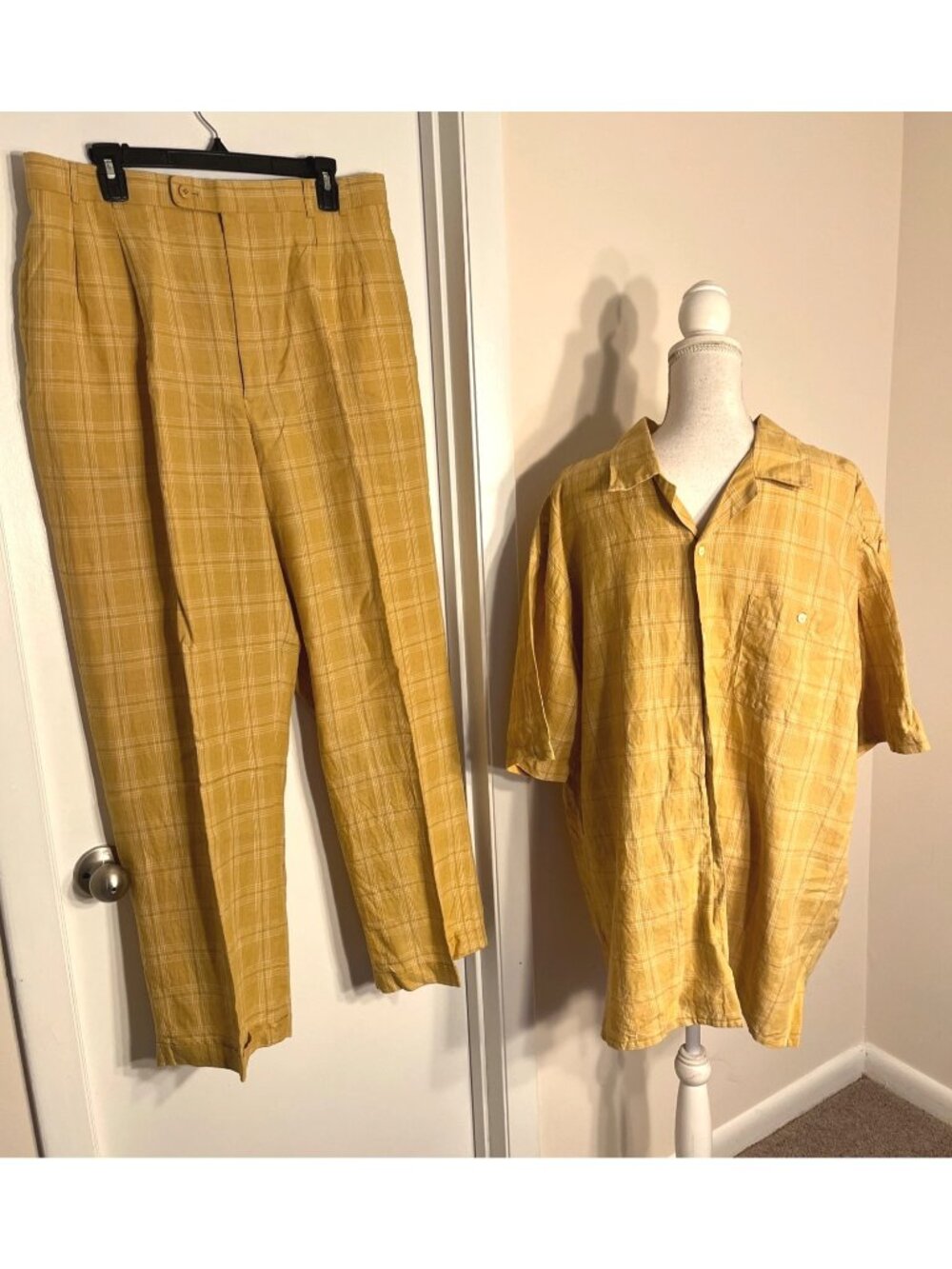 Vtg Yellow Plaid 2 pc Set Dreams Mens XL Lightweight 100% Linen Button-Up Suit